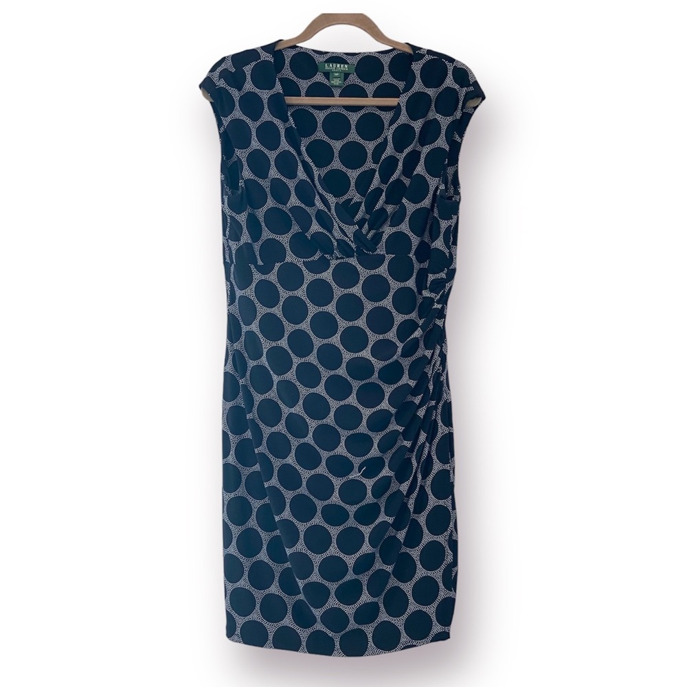LAUREN RALPH LAUREN Polka Dot Jersey Knit Sheath Dress Cap Sleeves Size 14P